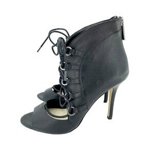 BCBGeneration Pumps Shoes Heel Lace Up Open Toe Sandal Black Leather SZ 7